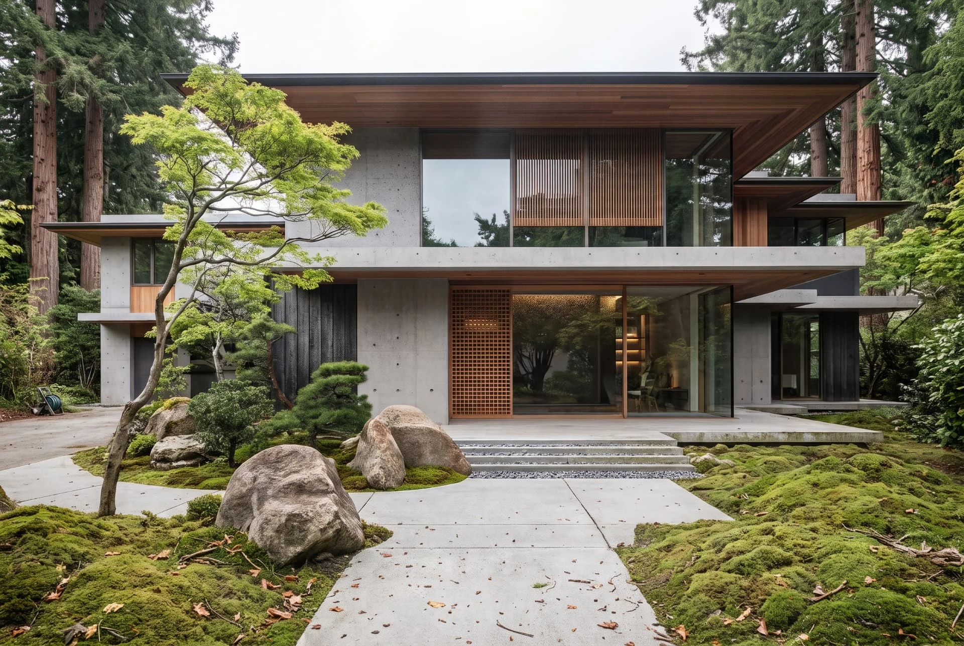 Hillsborough Japanese-Style House, a two-story home with concrete walls, wood screens and deep roof overhangs in a wooded garden