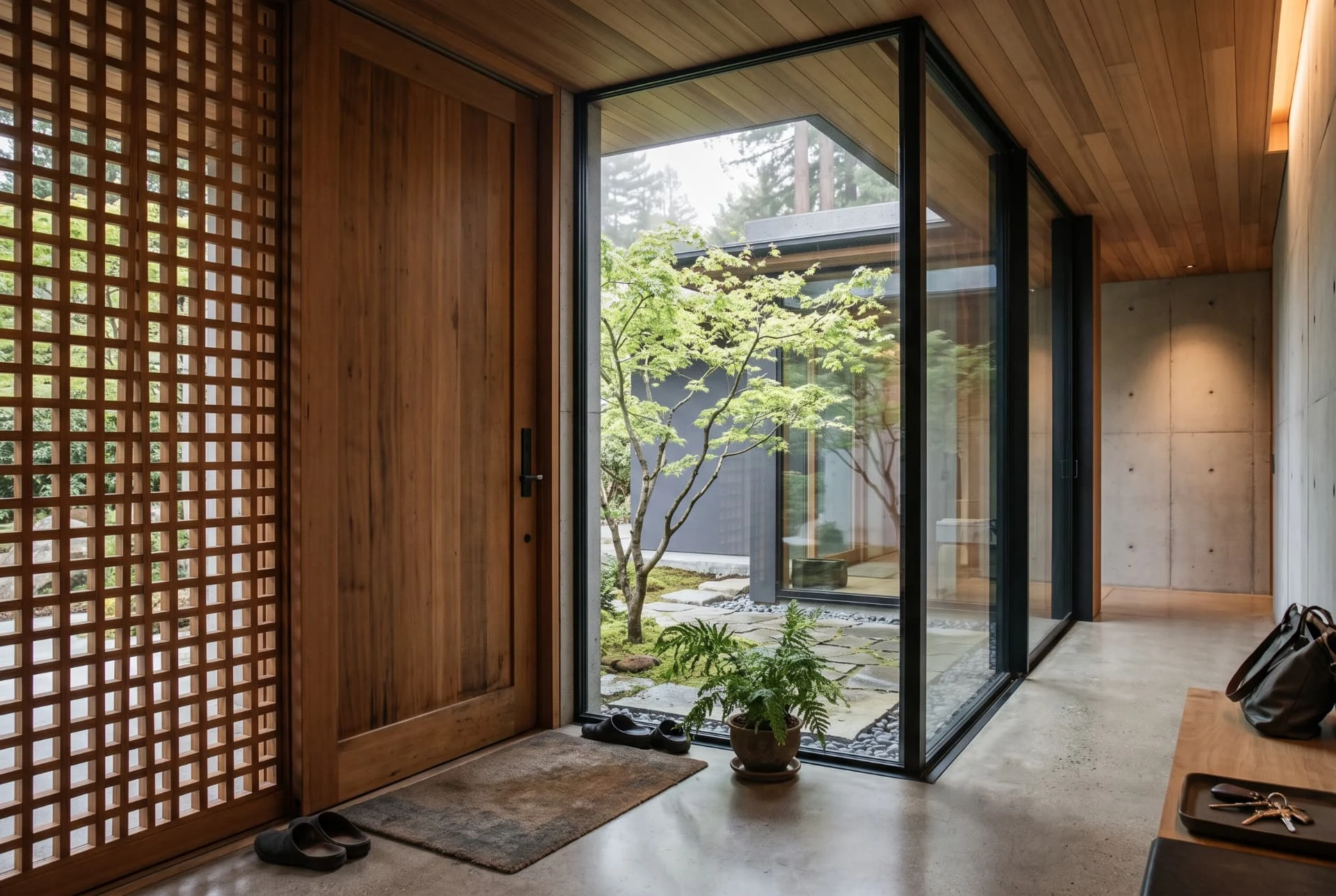 Wood-lined entry with a lattice screen, concrete floor and black-framed glazing overlooking a courtyard garden in the Hillsborough Japanese-Style House
