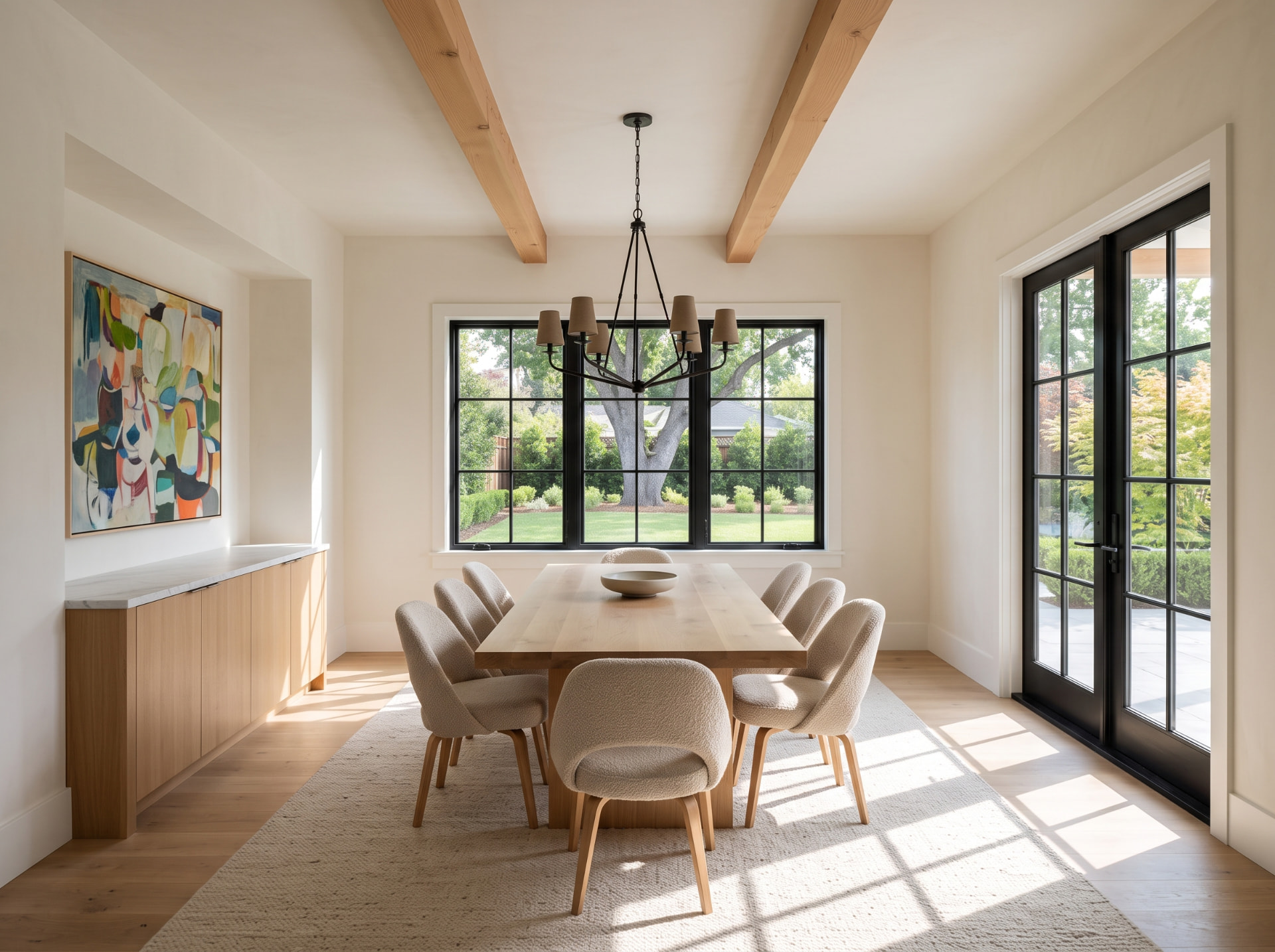 Dining room with exposed wood beams and garden-facing windows in the Los Altos Infill House