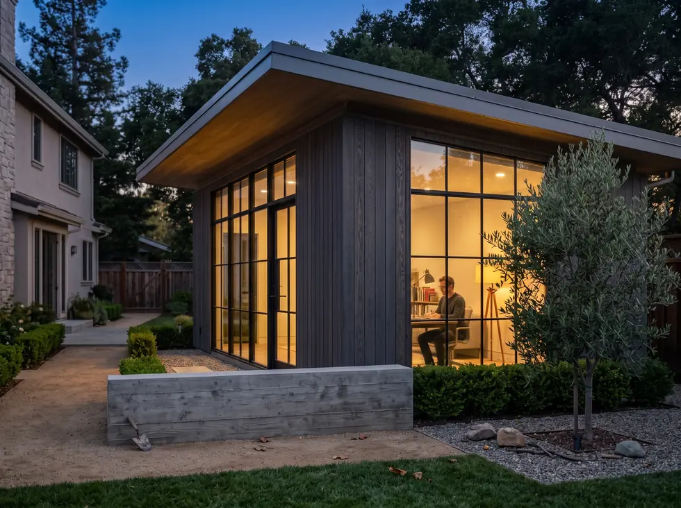The Coach House, a completed Shape detached ADU at dusk