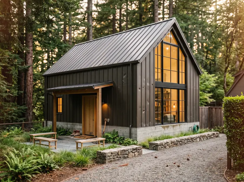 The Alcove, a completed Shape ADU with a standing seam roof