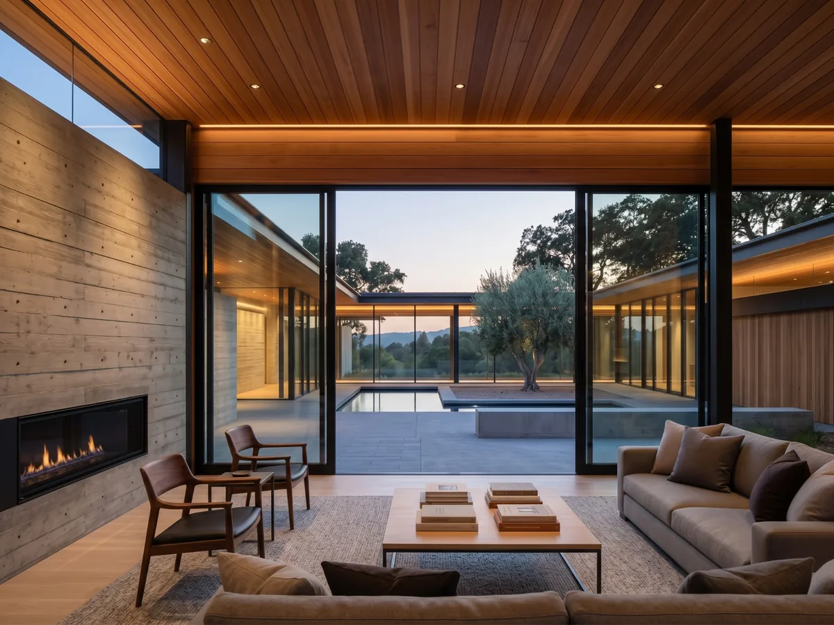 Atherton Courtyard House living room with a concrete fireplace wall opening onto the courtyard pool at dusk