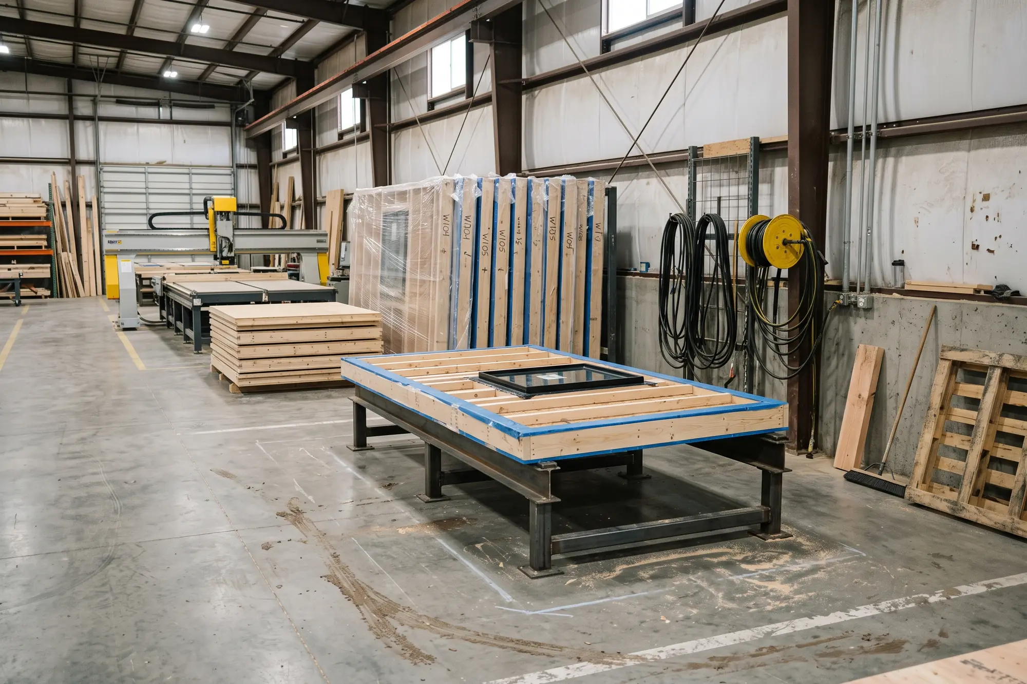 Wall and floor components assembled on jigs in the shop
