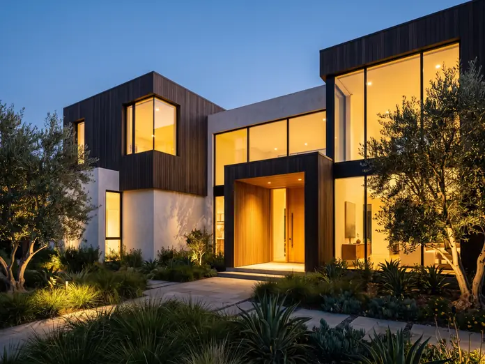 Modular home exterior at dusk, Peninsula lot