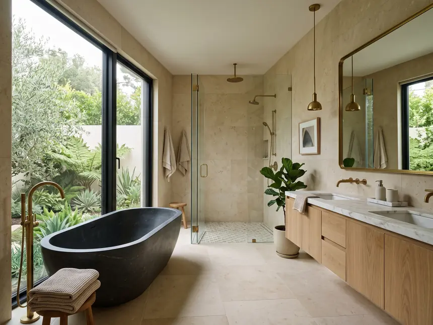 Bathroom with a freestanding tub in a completed Shape ADU