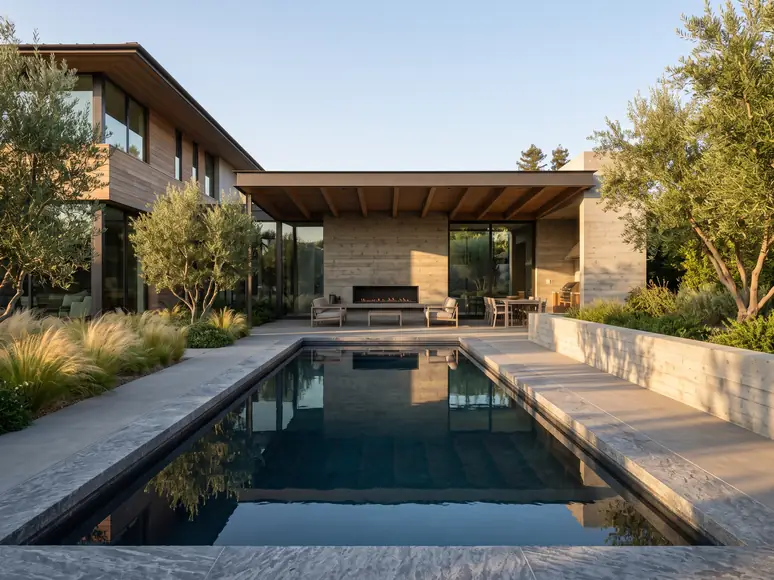 Rear elevation and pool of a completed Shape home