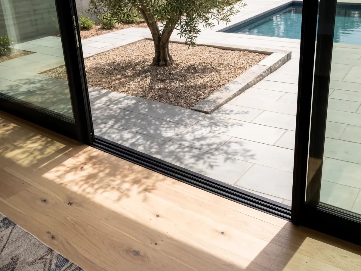 Wide-plank oak floor and black-framed sliding doors opening onto a courtyard pool with an olive tree