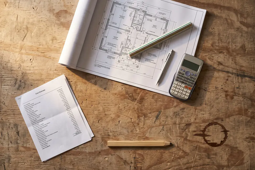 Plan set, cost estimate and calculator on a job-site table