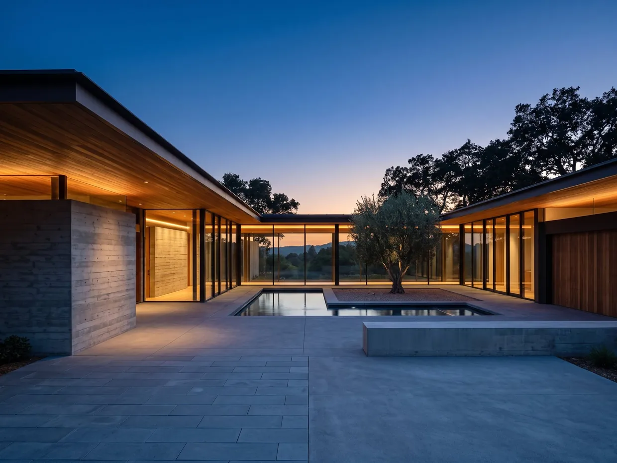 A completed Shape home with a courtyard pool at dusk