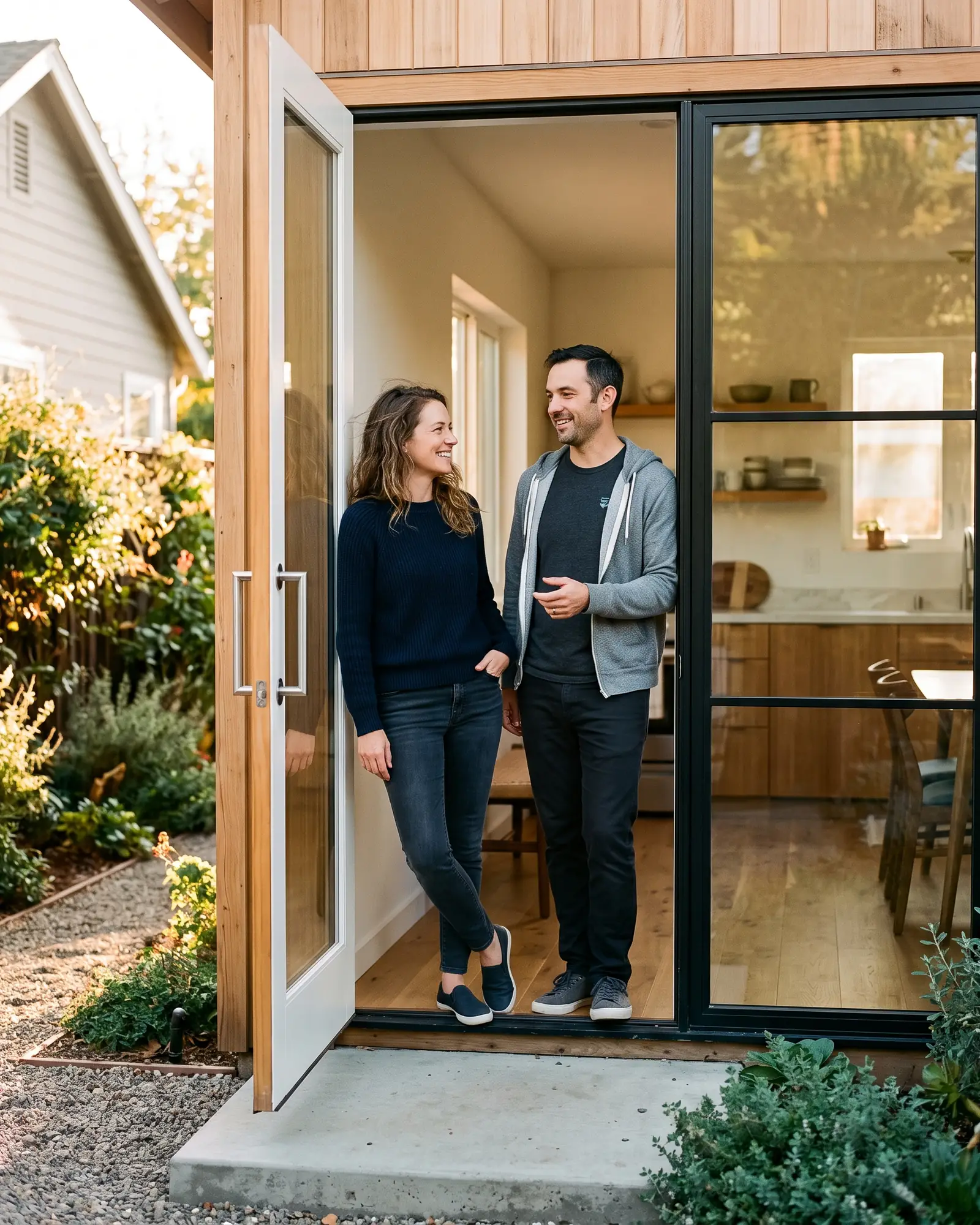 Owners at the door of their delivered ADU