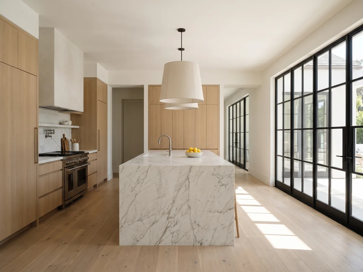 Kitchen and island in a completed Shape ADU