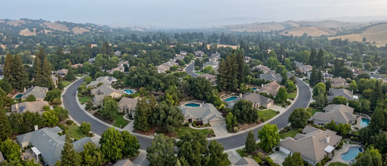 Aerial view of a leafy Northern California neighbourhood