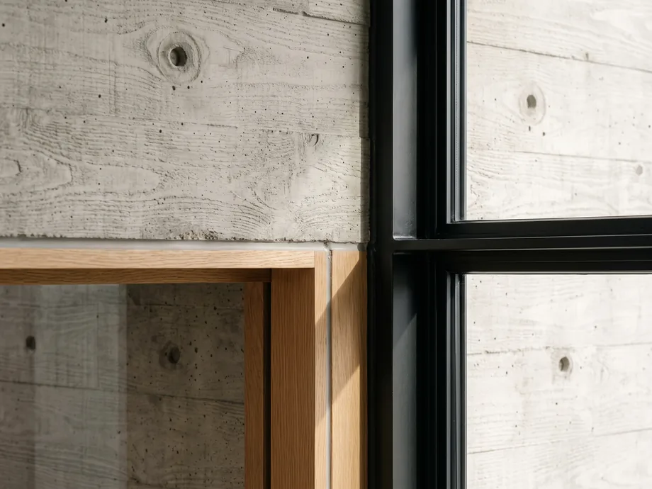 Board-formed concrete and steel window detail on a Shape home